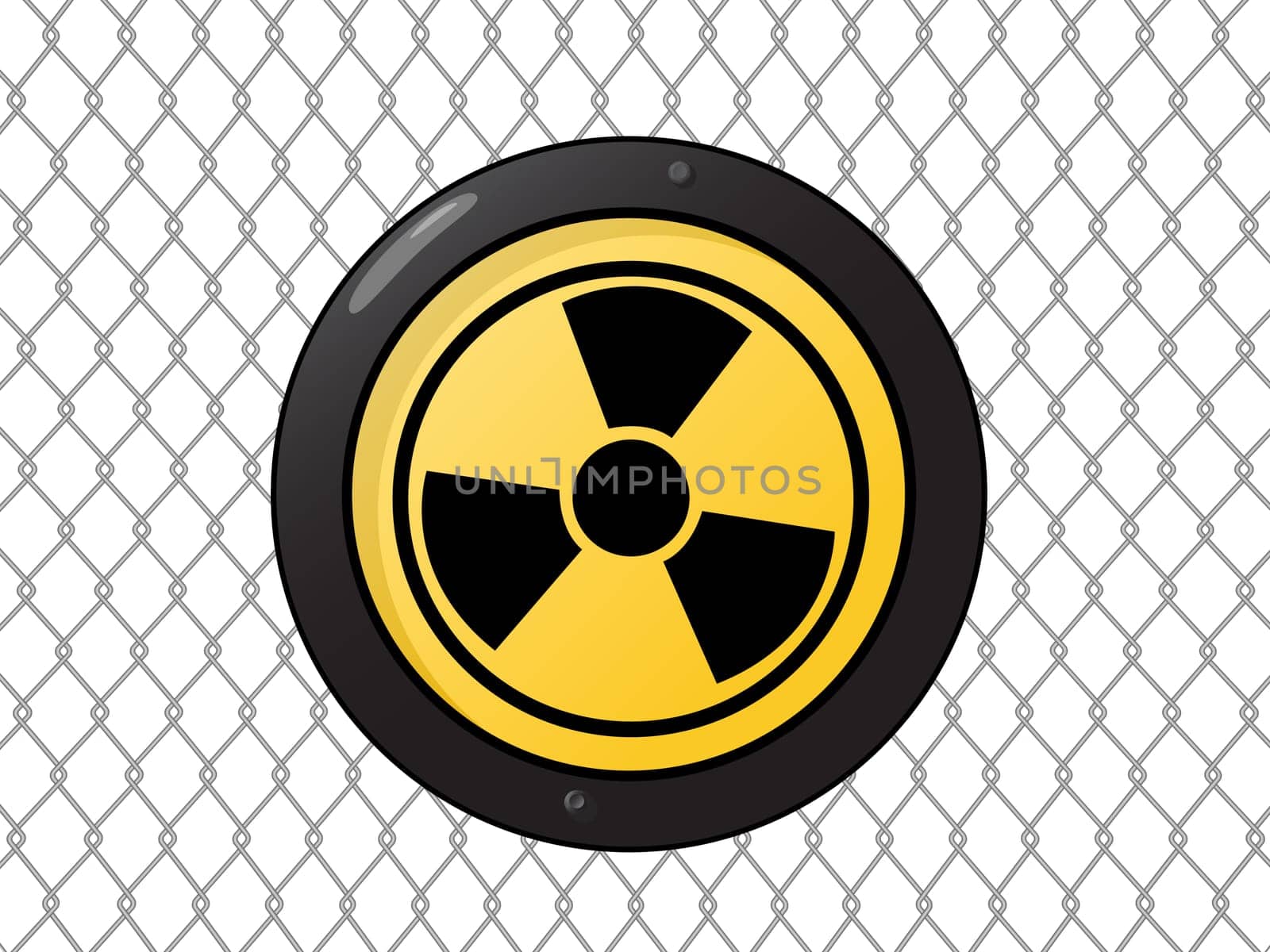 Metallic nuclear sign against a wire fence