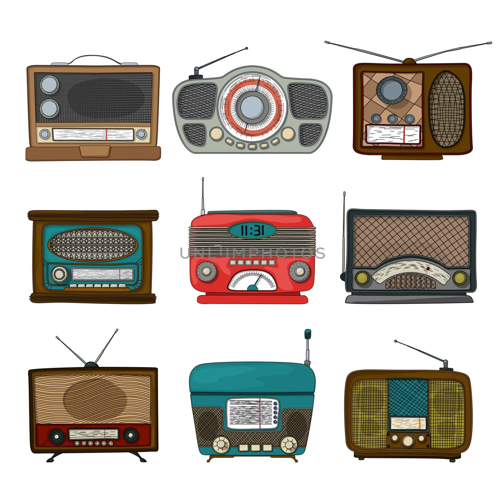 Retro radio icon set over white background