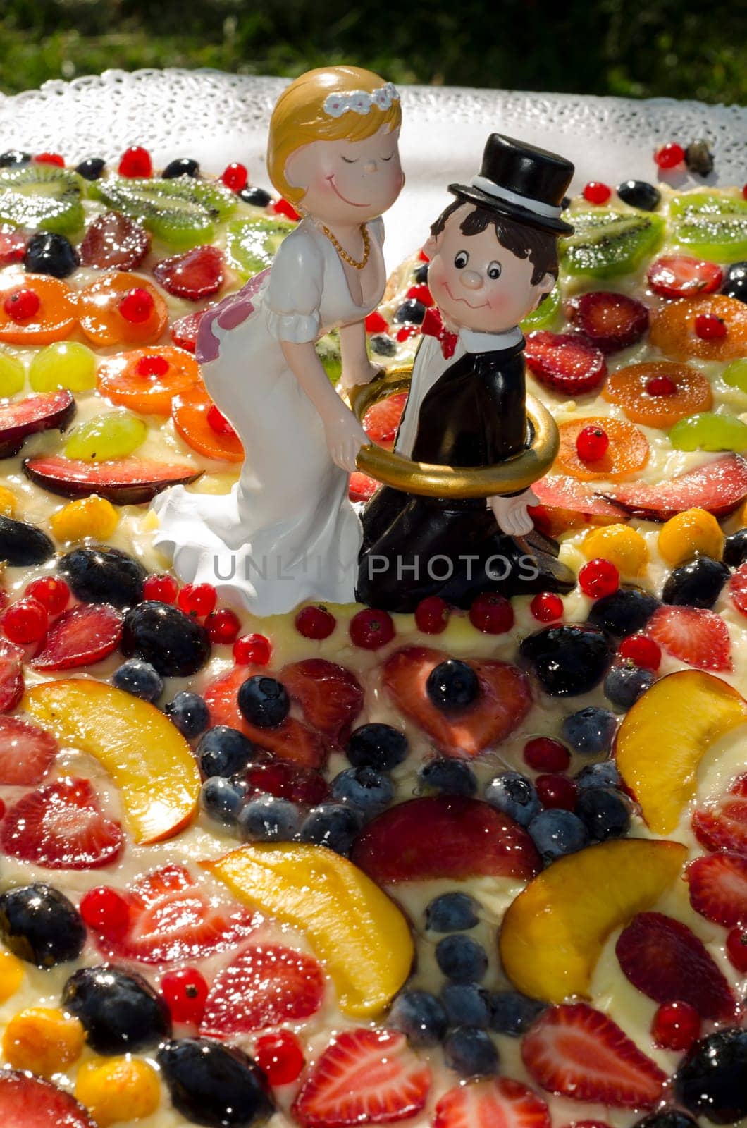 bride and groom on a fruit cake