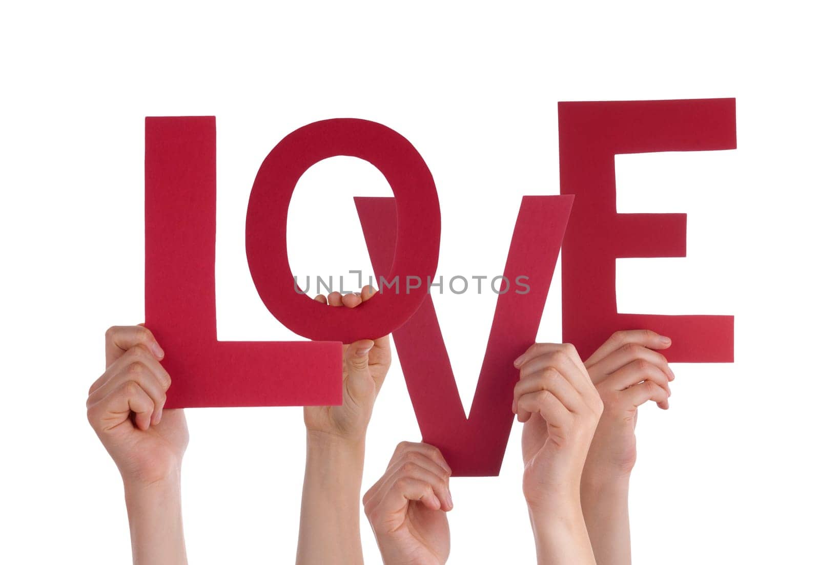 Many Persons Holding the Word Love in Red Letters, Isolated