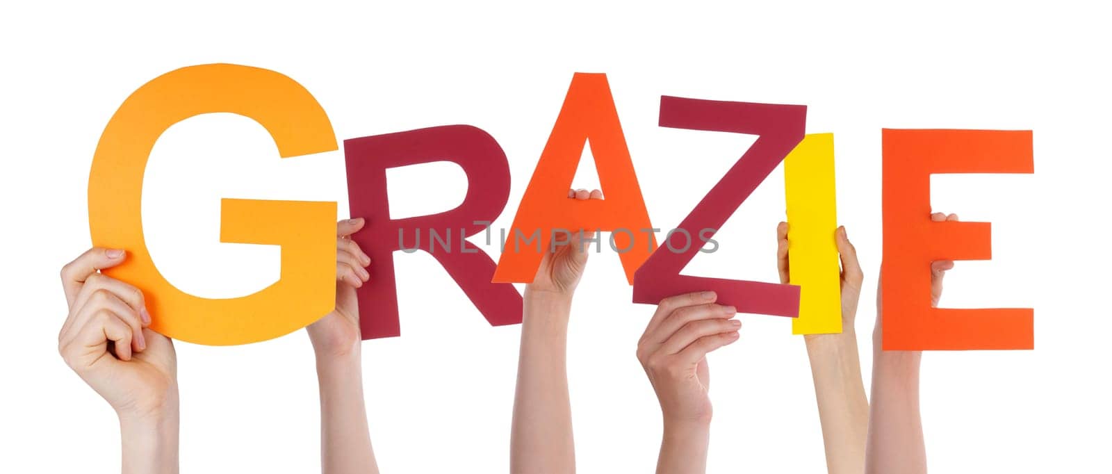 Many Hands Holding the Italian Word Grazie Which Means Thanks, Isolated