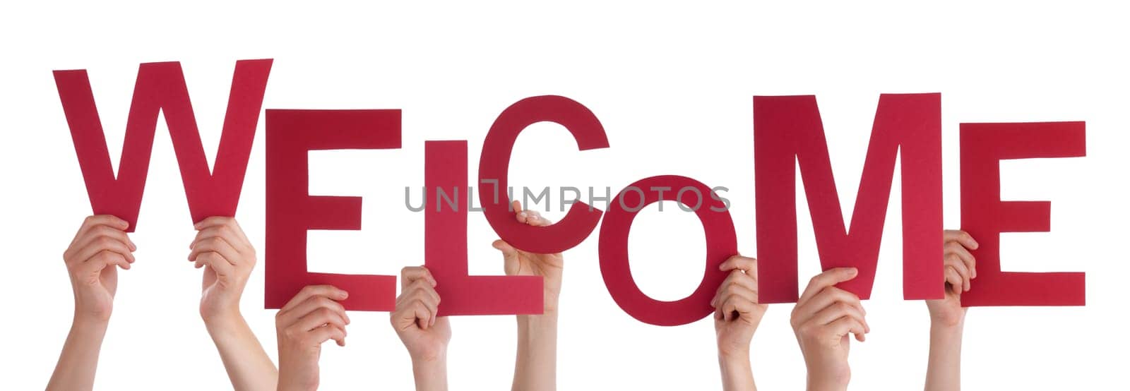 Many Hands Holding a Red Welcome in Their Hands, Isolated