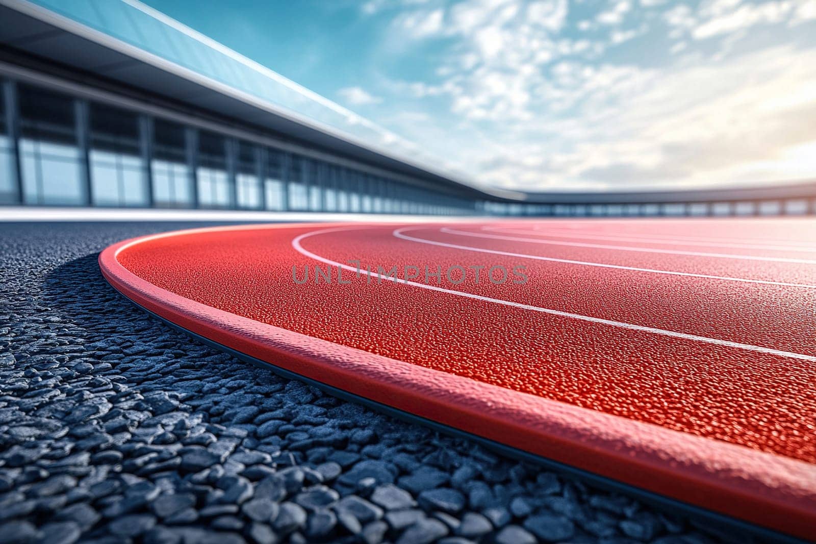 Empty red running track at the stadium in sunny weather. Concept of running, sport, competition.