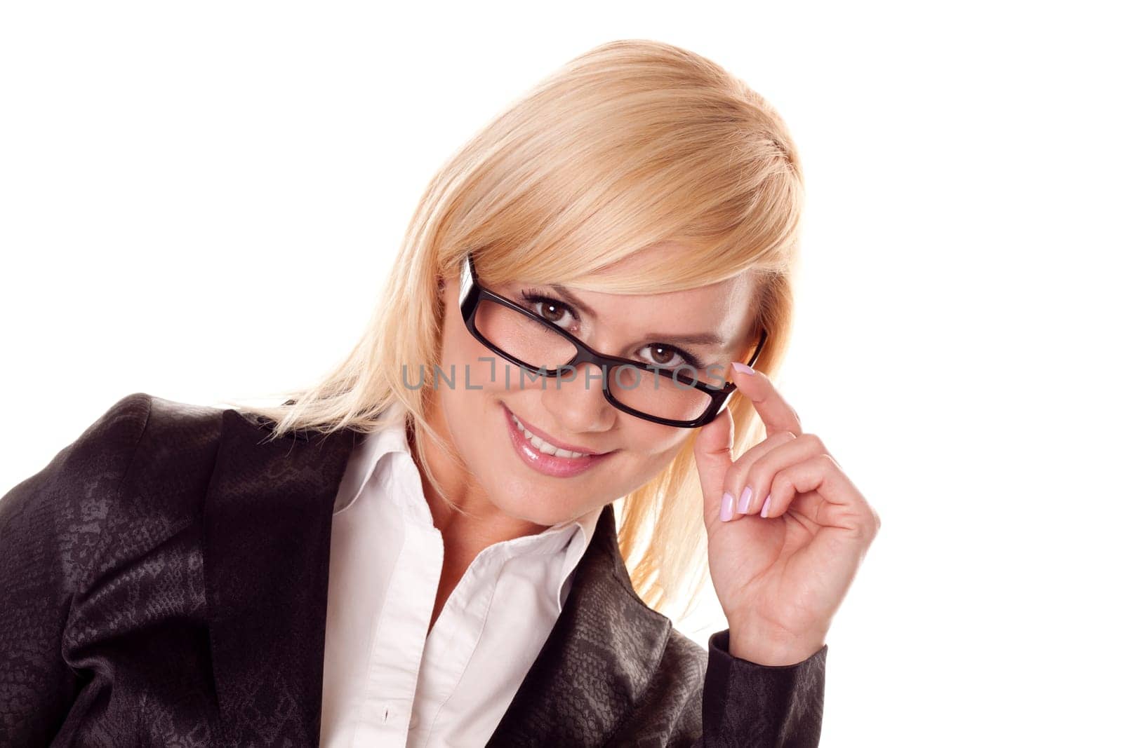 A beautiful confident blond businesswoman on a white background