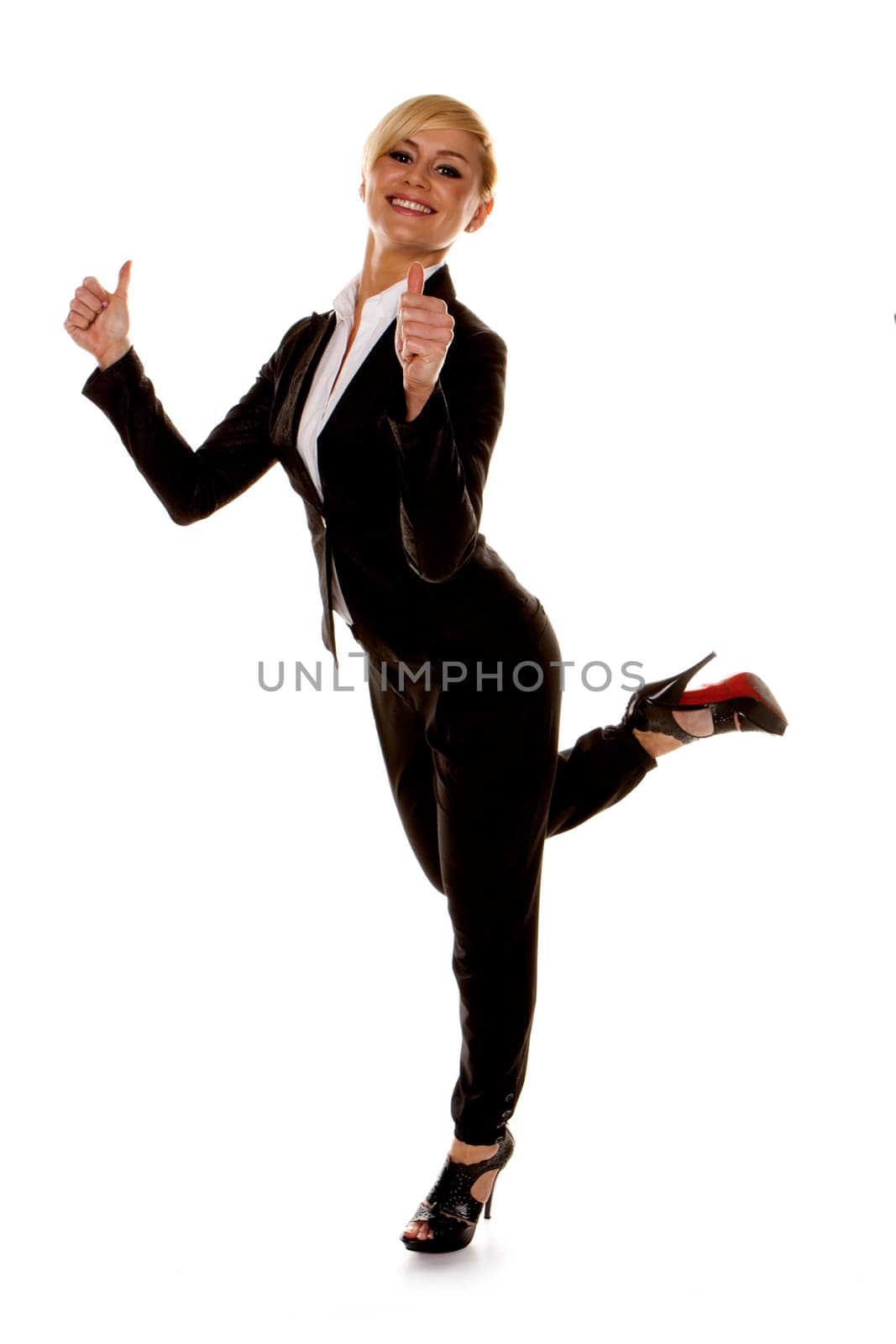 A beautiful confident blond businesswoman on a white background
