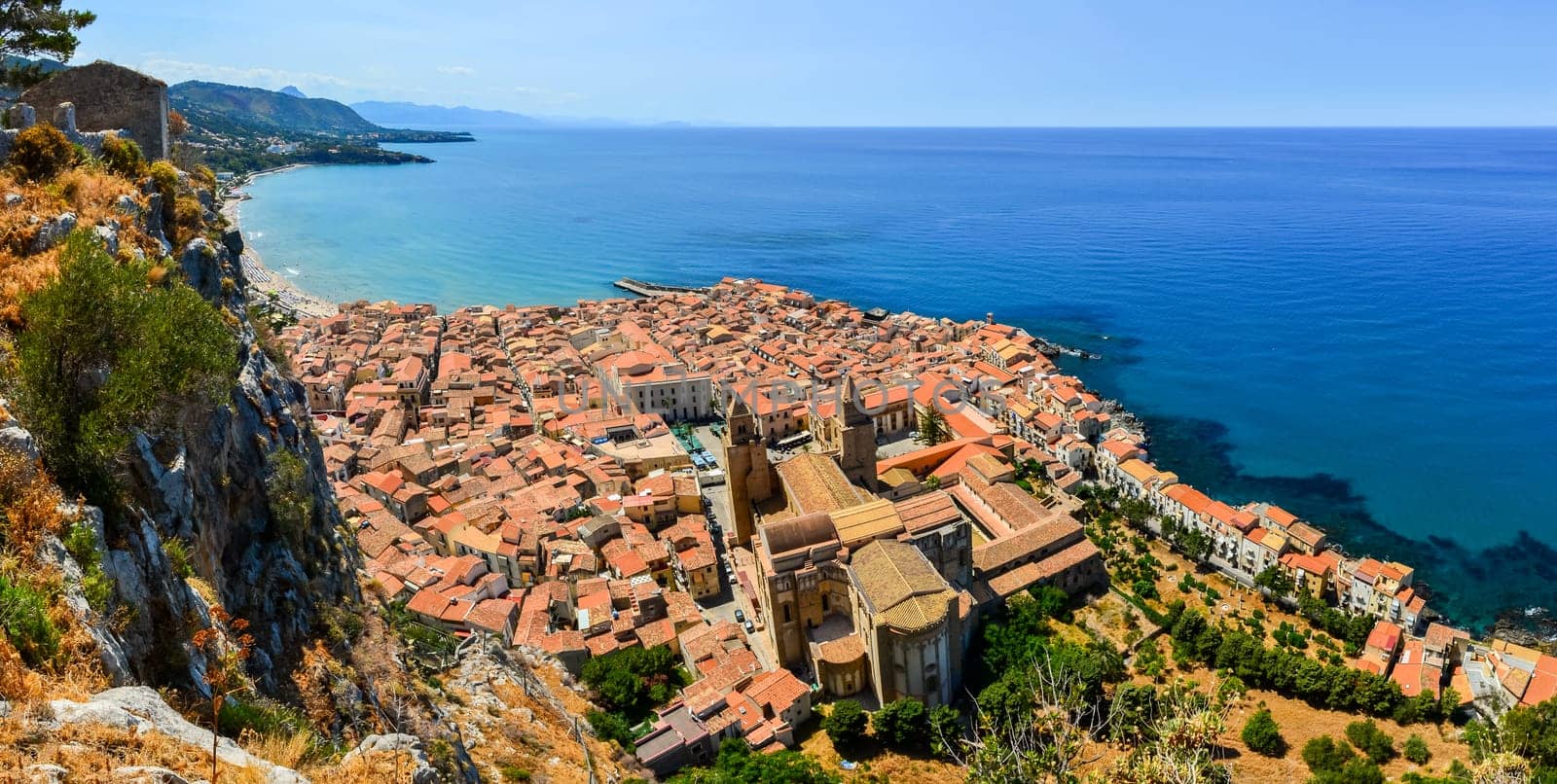 Aerial panoramic view of village Cefalu in Sicily, Italy
