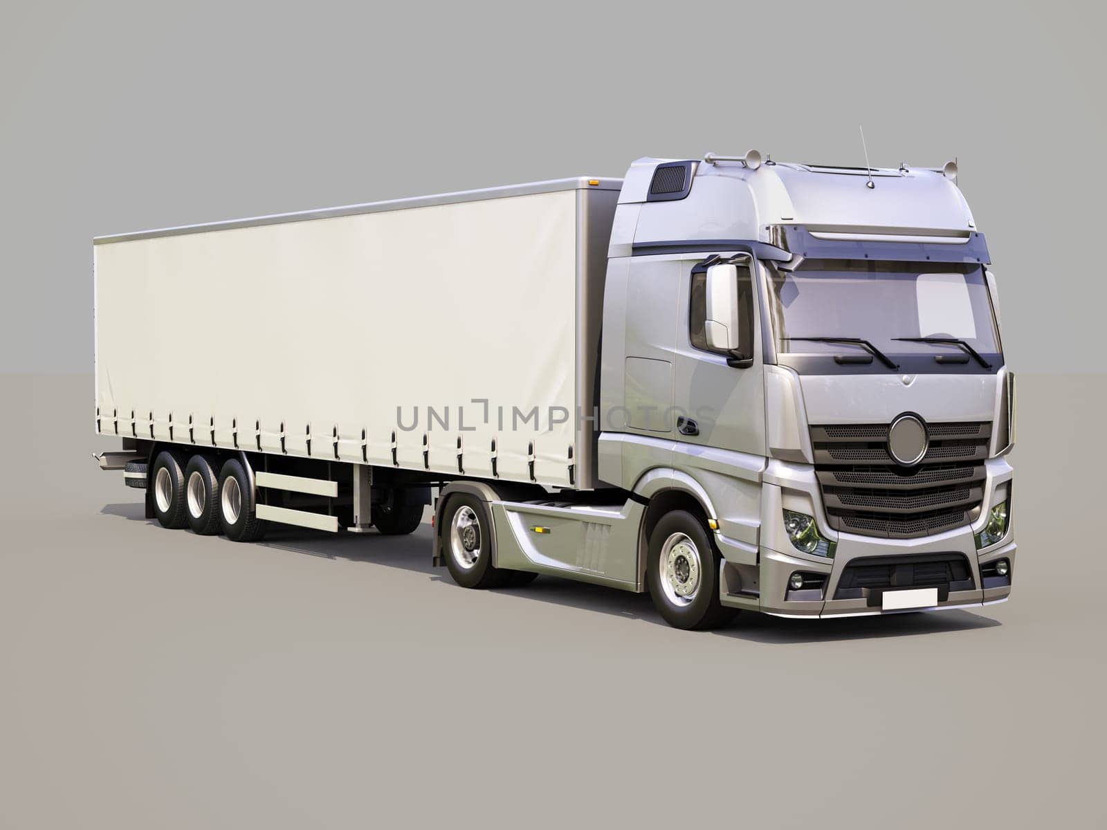 A modern semi-trailer truck on gray background