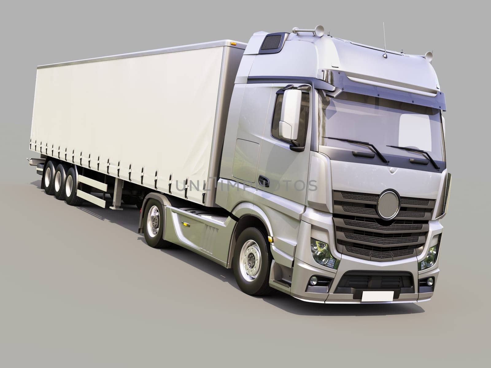 A modern semi-trailer truck on gray background