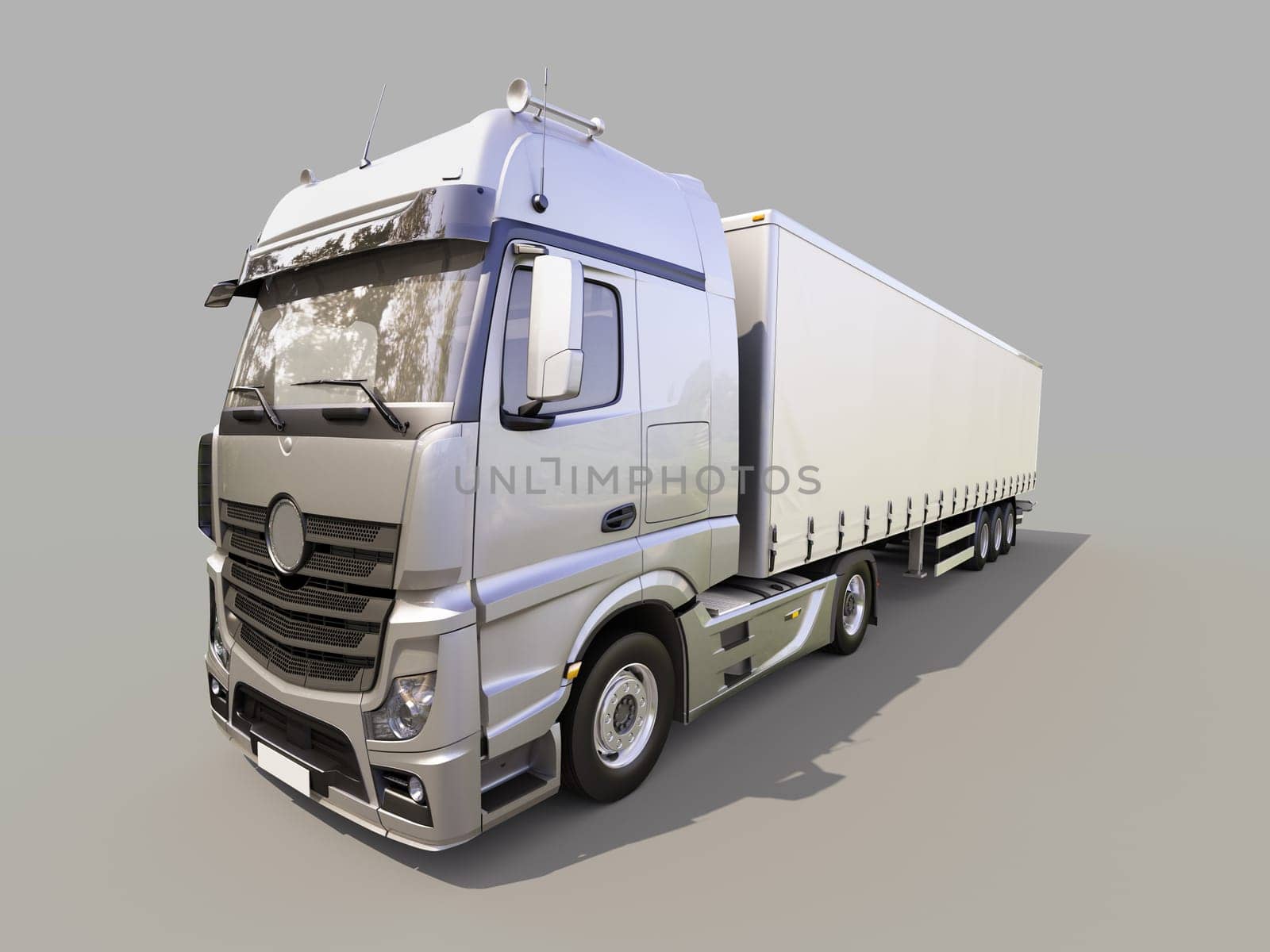 A modern semi-trailer truck on gray background