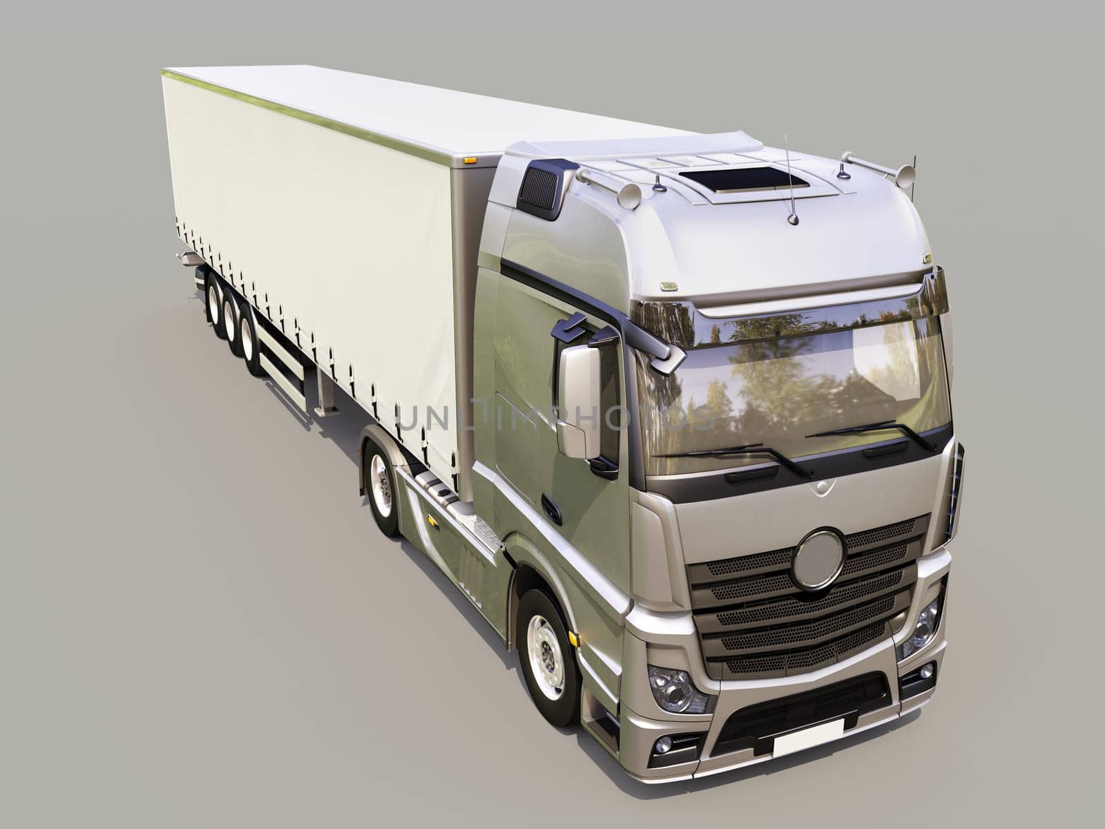 A modern semi-trailer truck on gray background