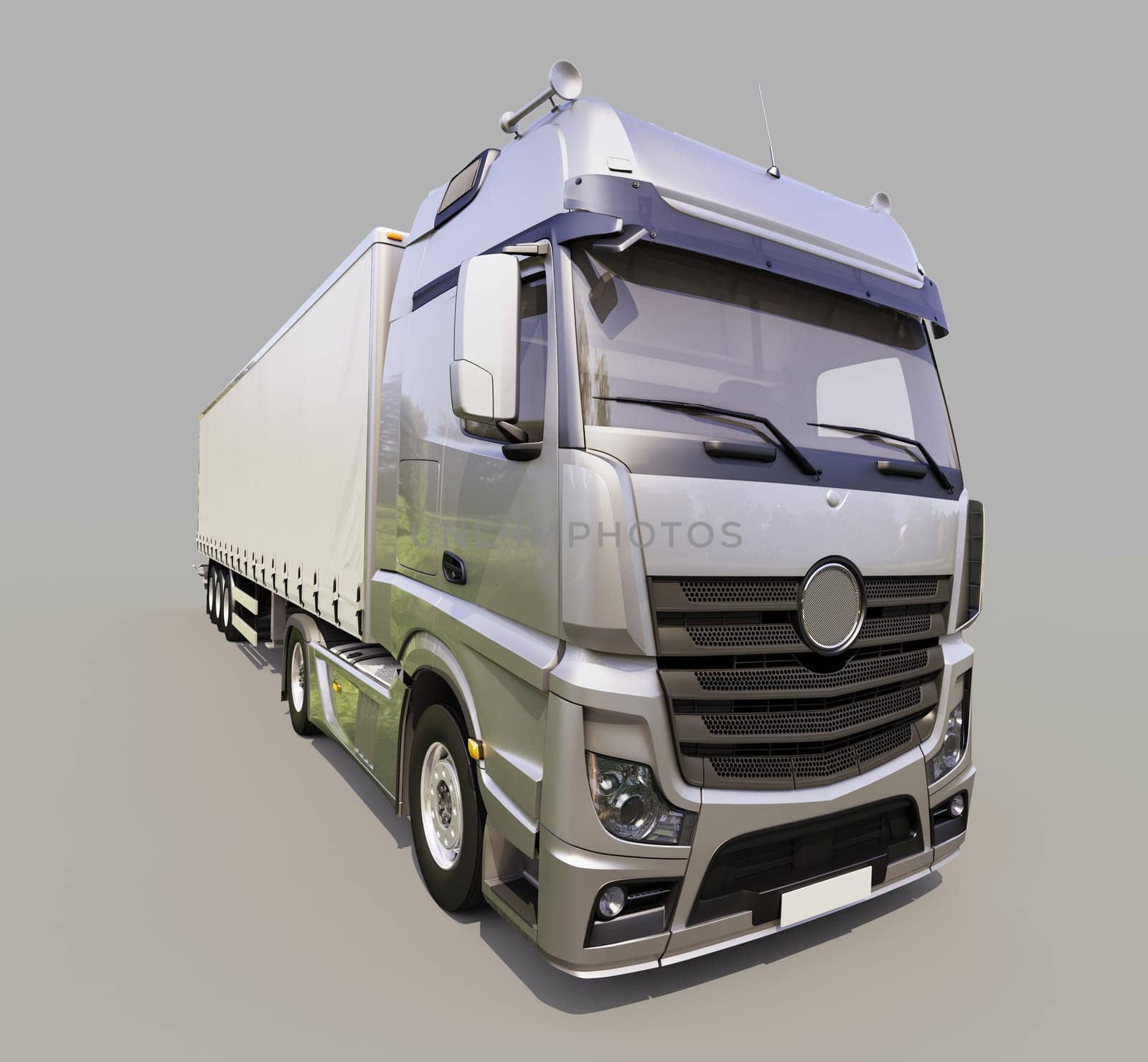 A modern semi-trailer truck on gray background