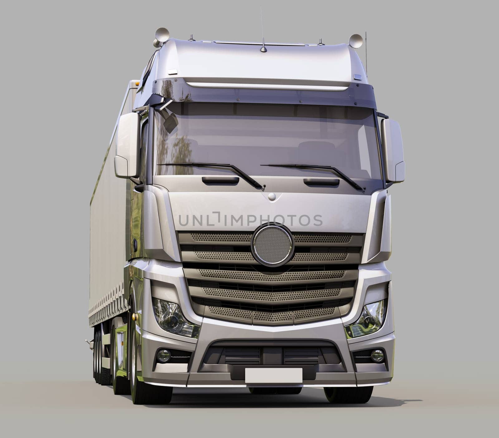 A modern semi-trailer truck on gray background