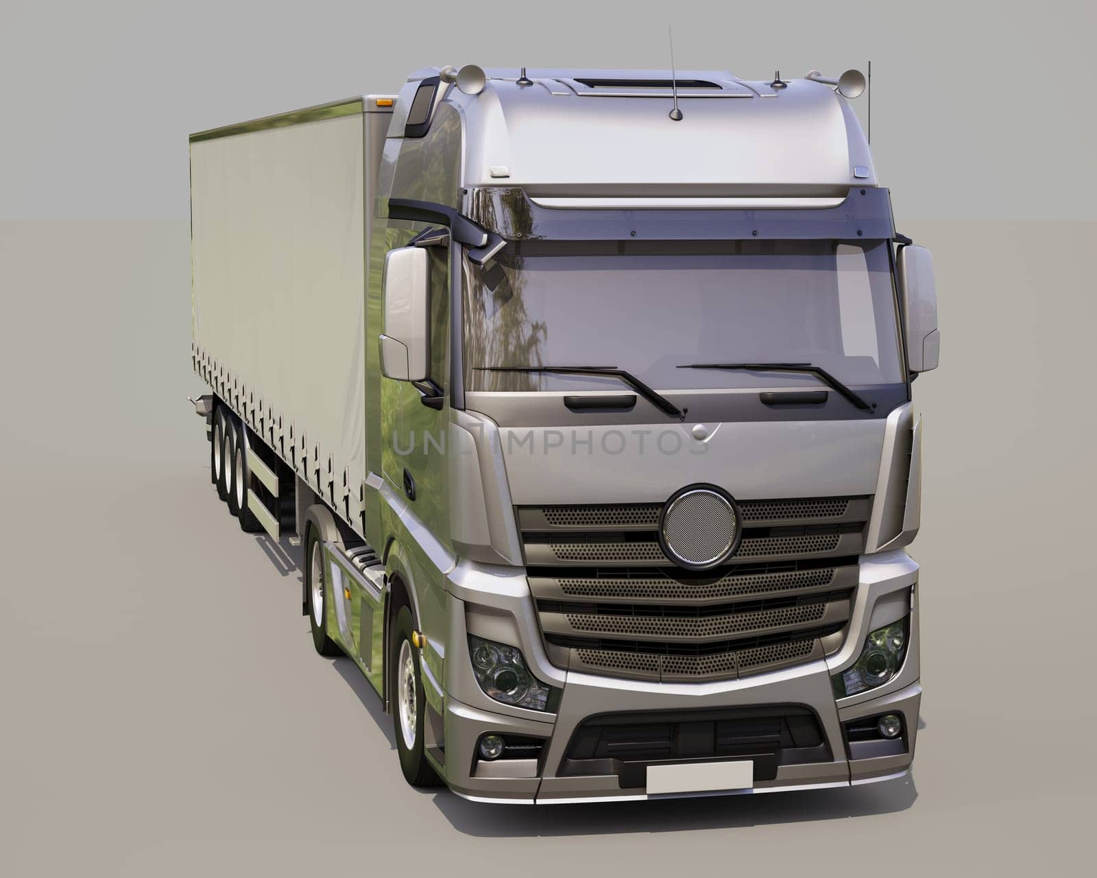 A modern semi-trailer truck on gray background