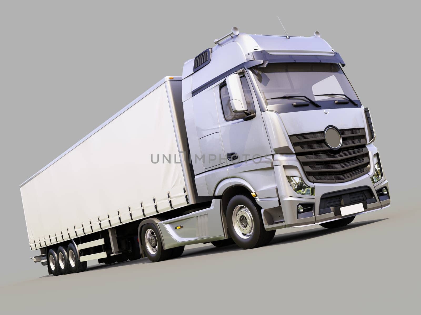 A modern semi-trailer truck on gray background