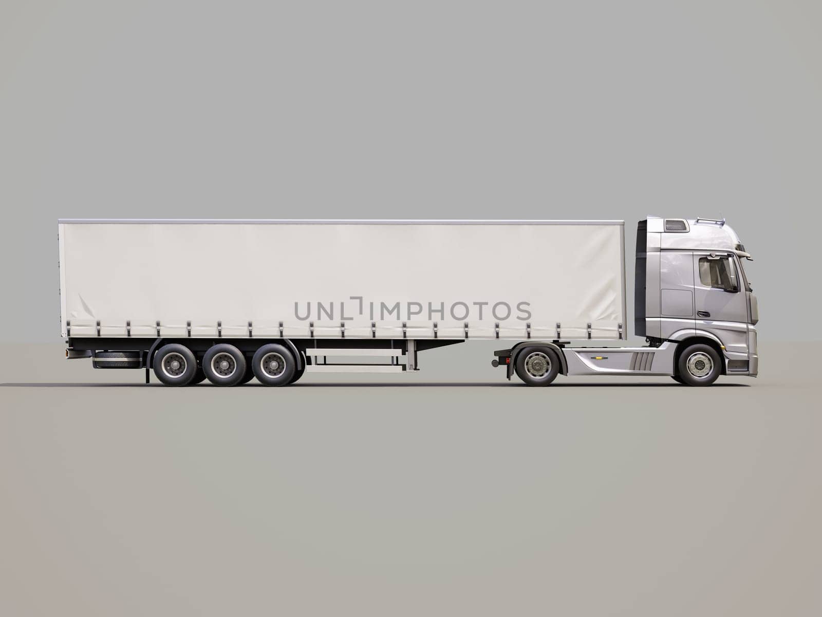 A modern semi-trailer truck on gray background
