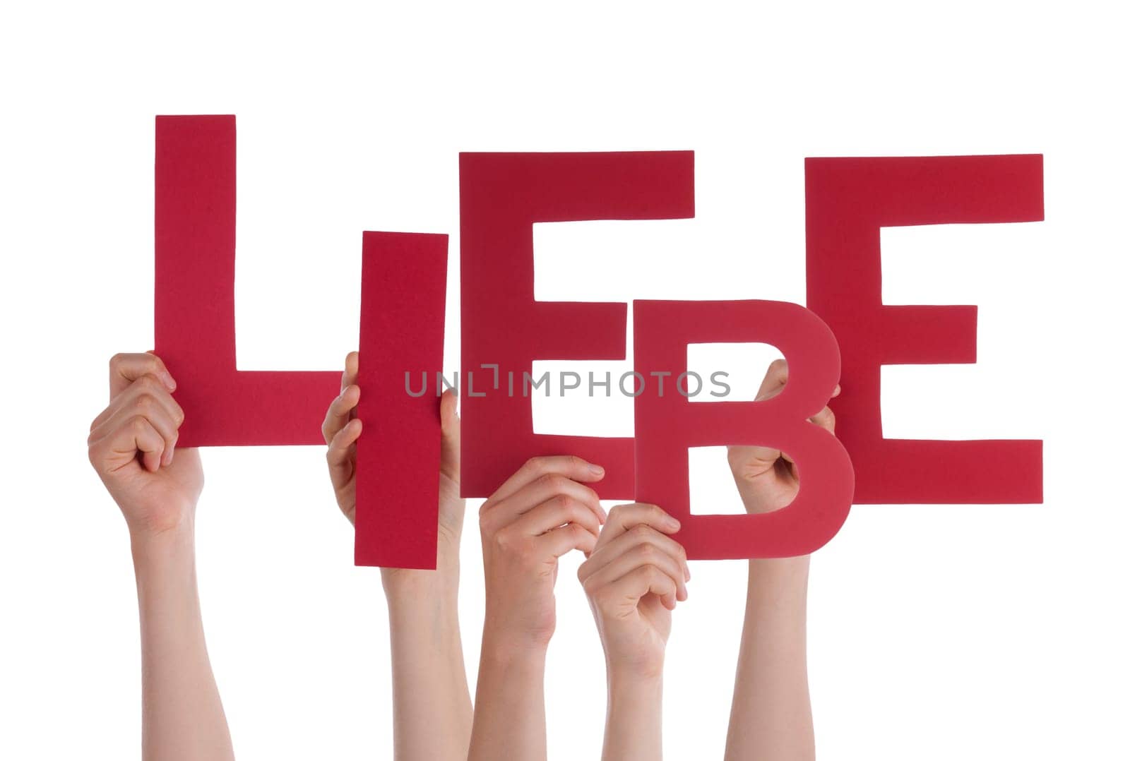 Many Persons Holding the German Word Liebe Which Means Love, Isolated