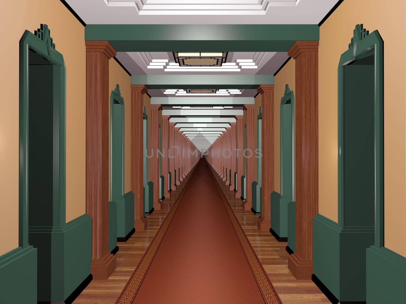 Never ending Art Deco corridor with an infinite number of rooms