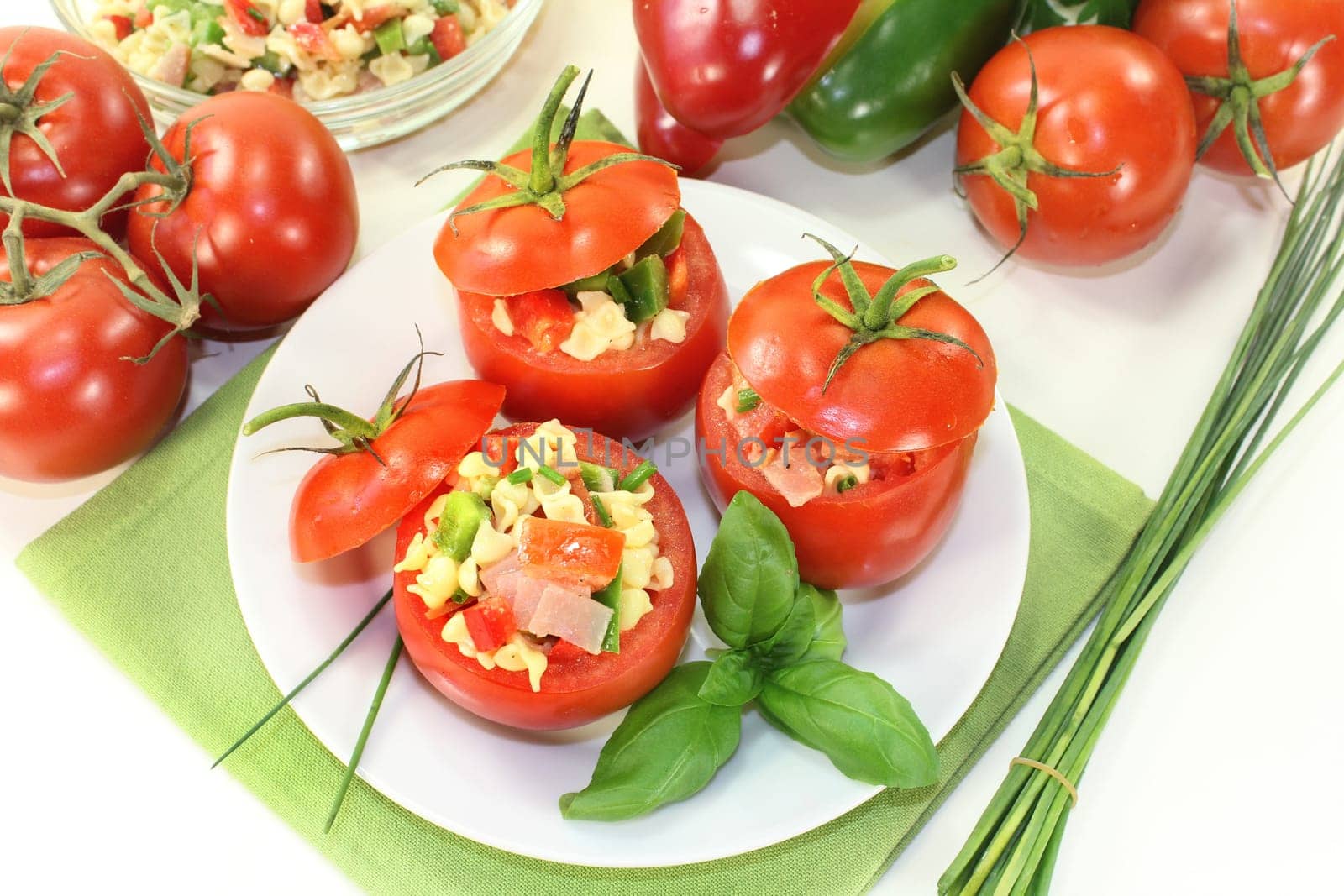 fresh tomatoes filled with summer pasta salad