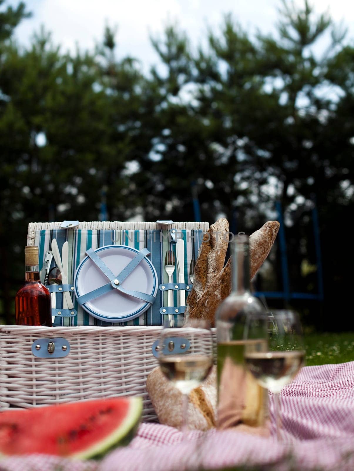 Picnic basket on green lawn