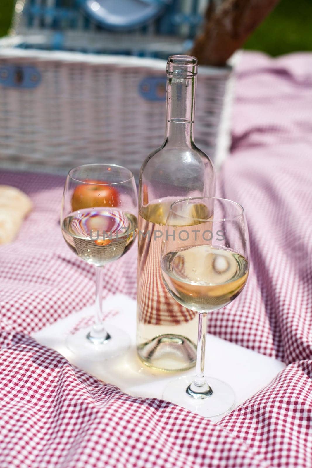 Picnic basket on green lawn