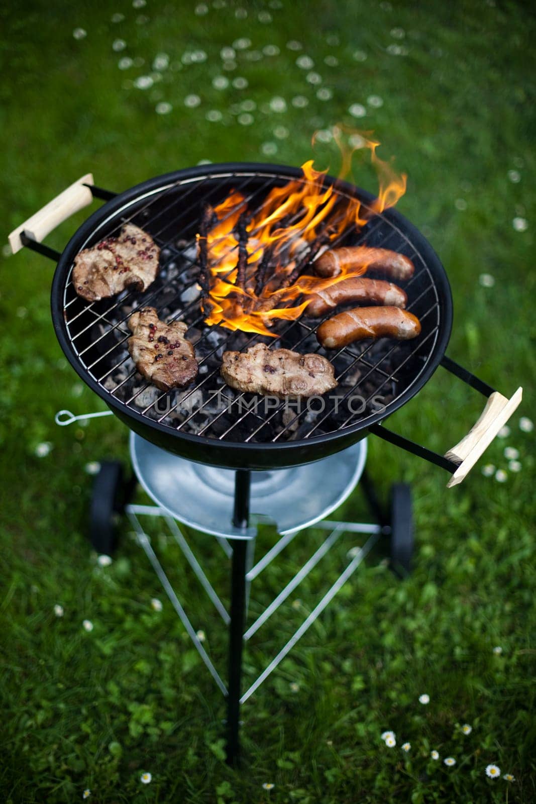 Grilling meat in flames, tasty dinner