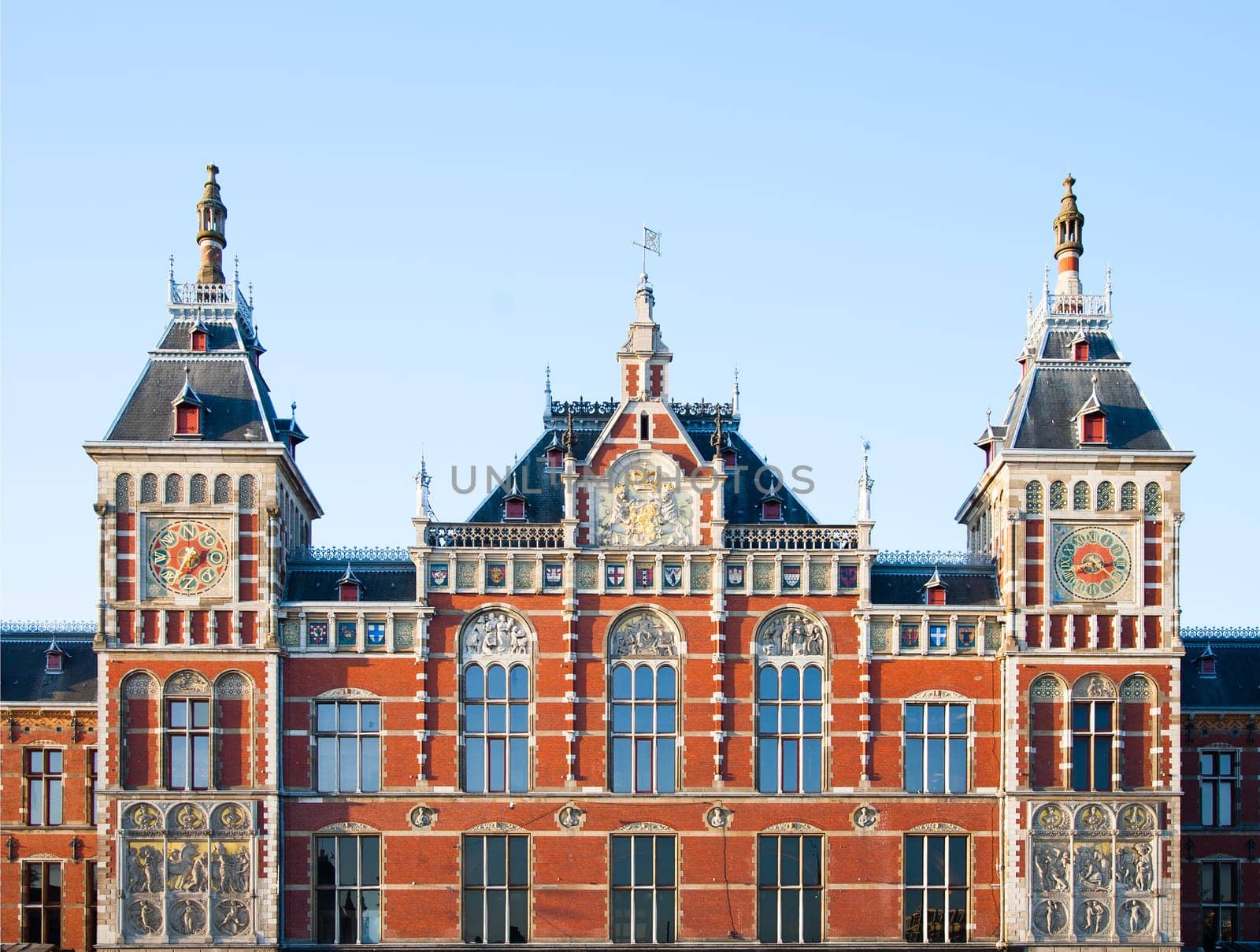 Exterior of the central station in Amsterdam, the Netherlands.