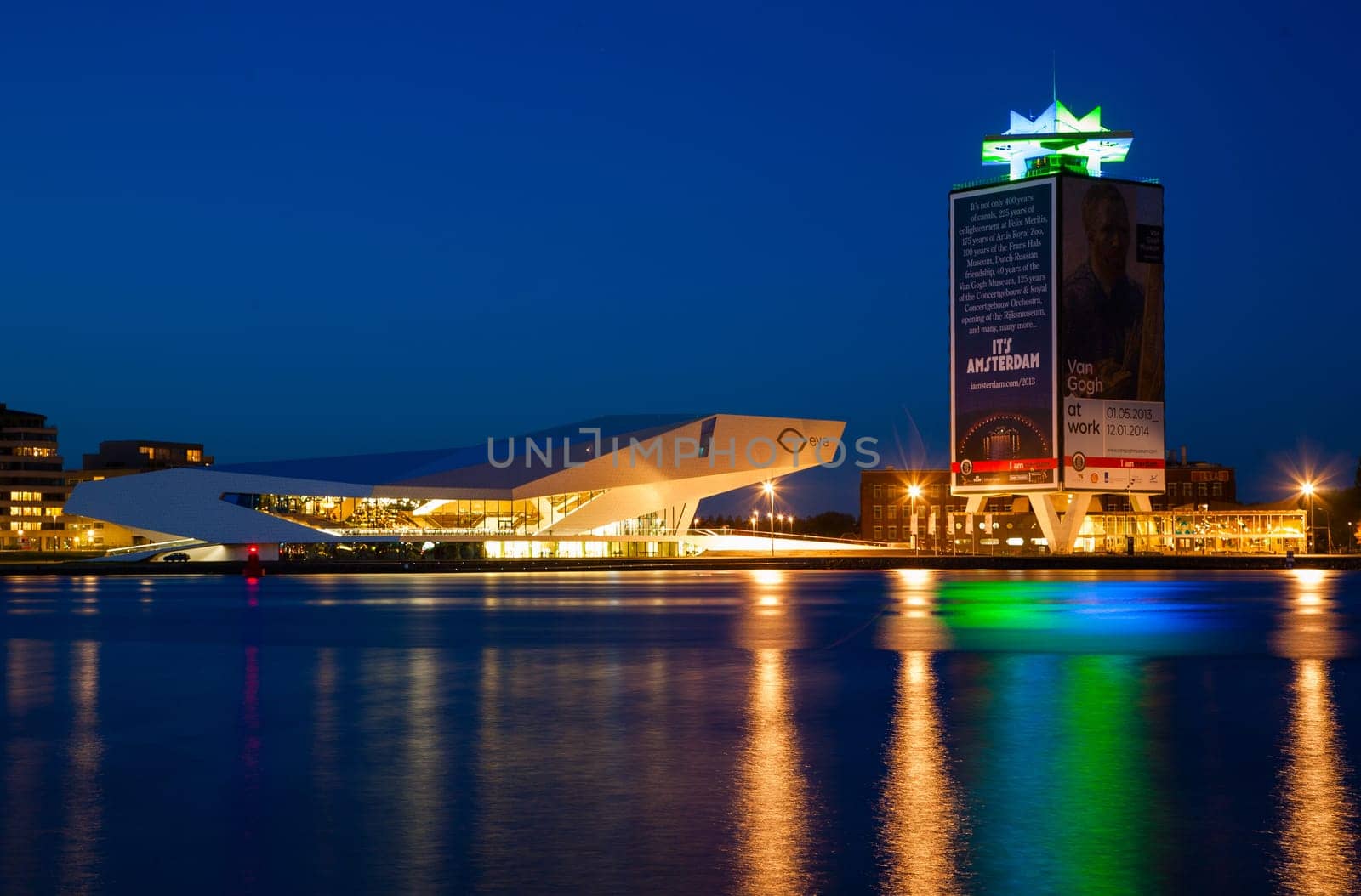 AMSTERDAM - MAY 9  The Eye Film institute Netherlands on the northern bank of the river IJ at sunset on May 9, 2013 in Amsterdam .