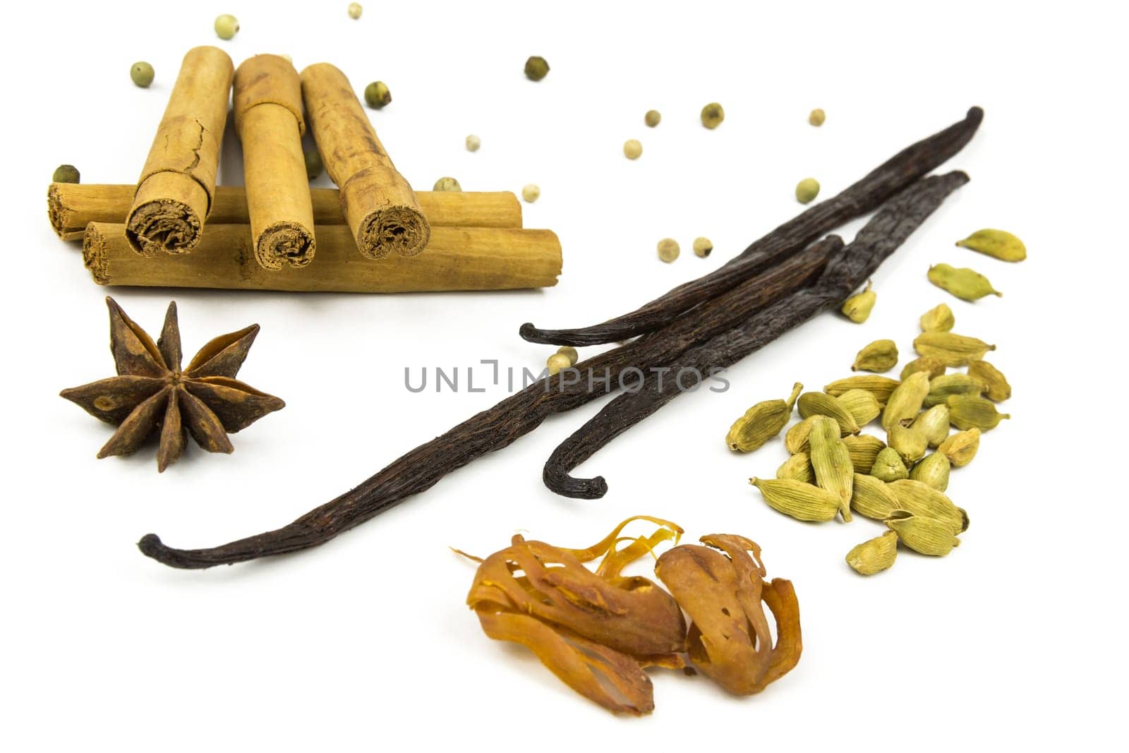 various spices for cooking/baking white background