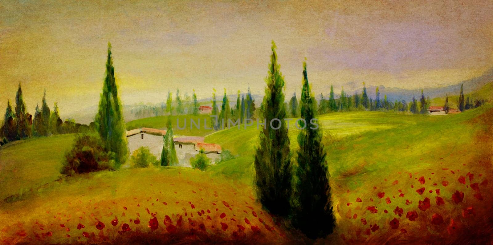 Summer landscape painted on wooden panel - acrylic paints,retro style