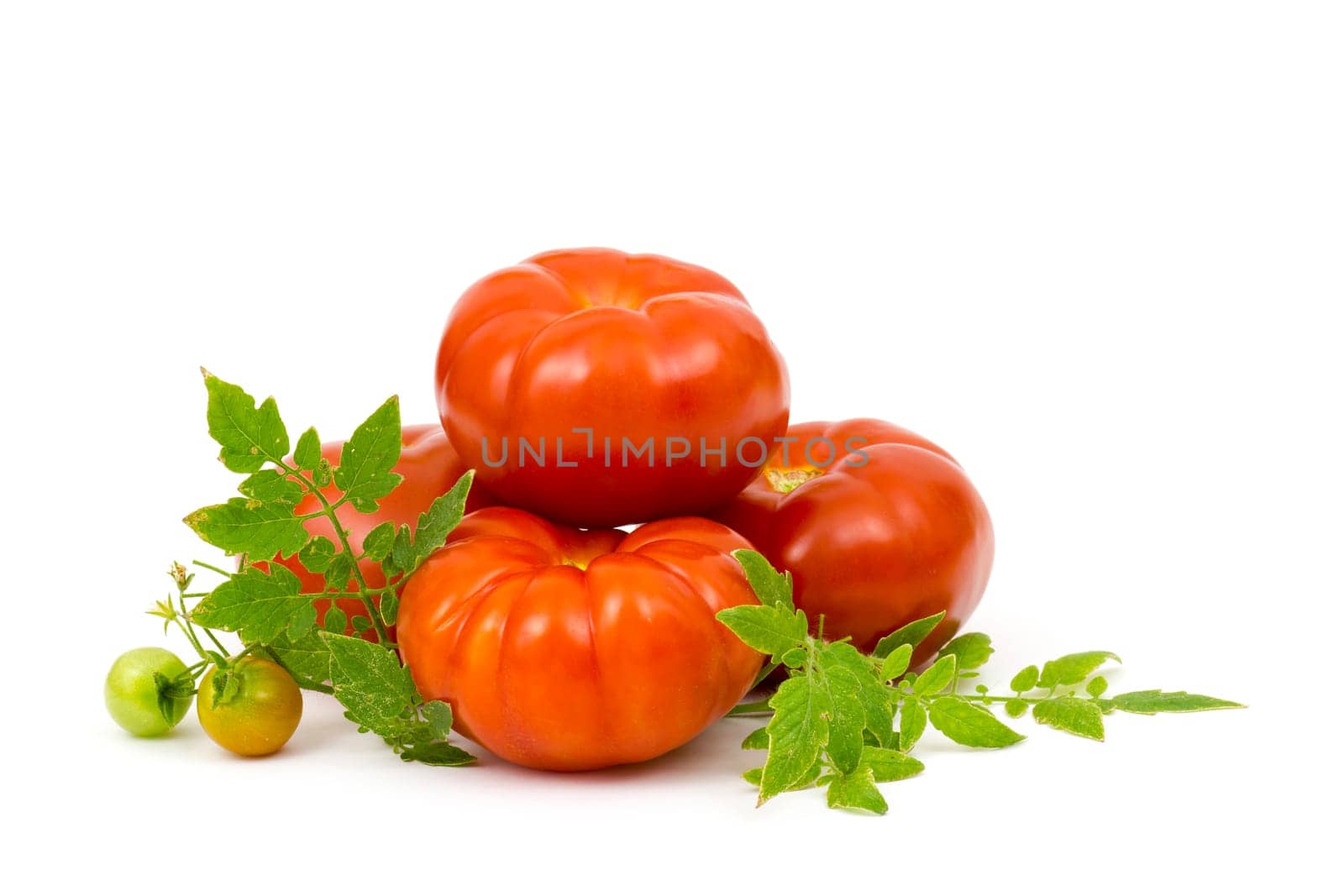 fresh tomatoes with green leaves isolated on white background