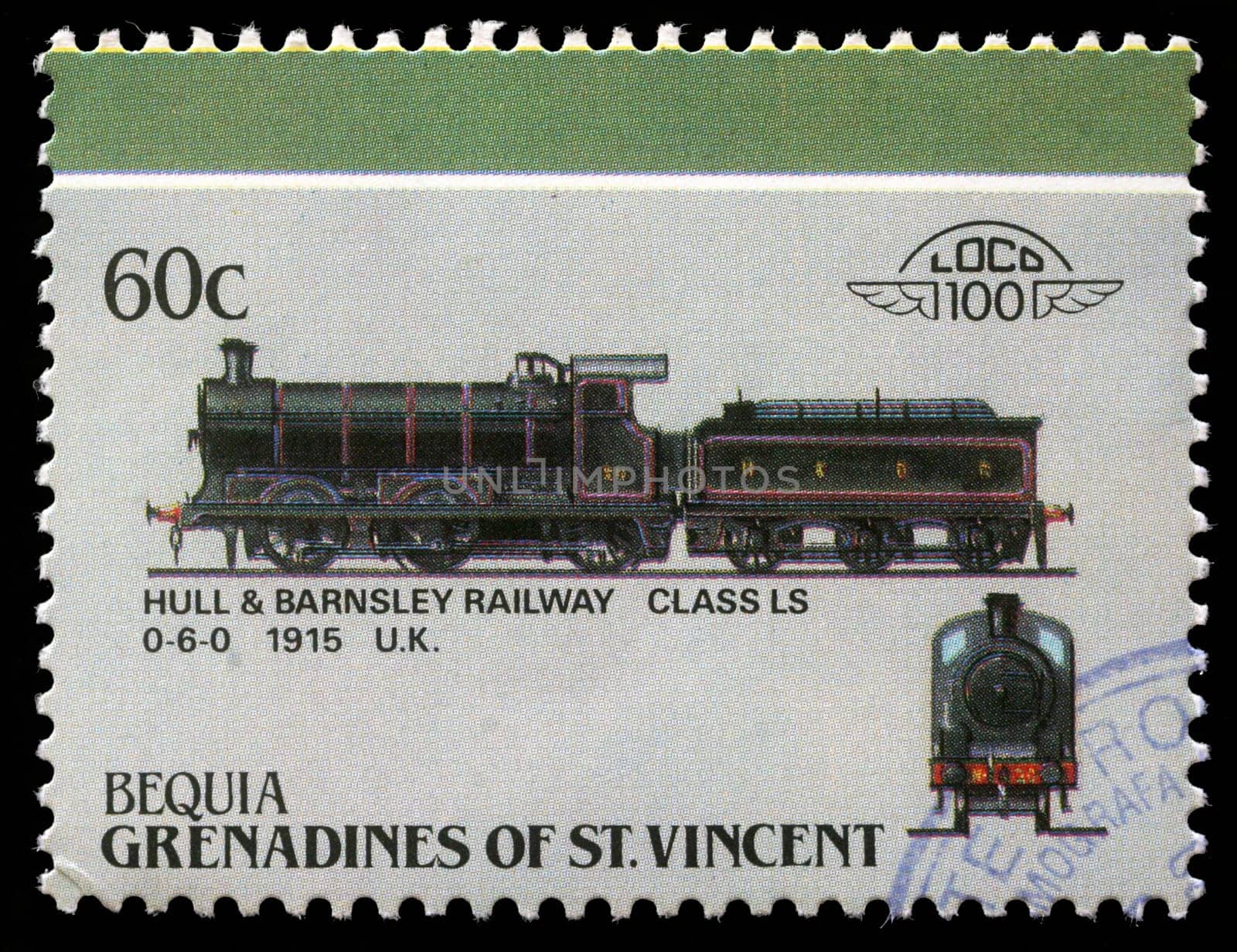 BEQUIA - CIRCA 1985: A stamp printed in Grenadines of St. Vincent shows Hull and Barnsley Railway class LS 0-6-0, 1915 U.K., circa 1985