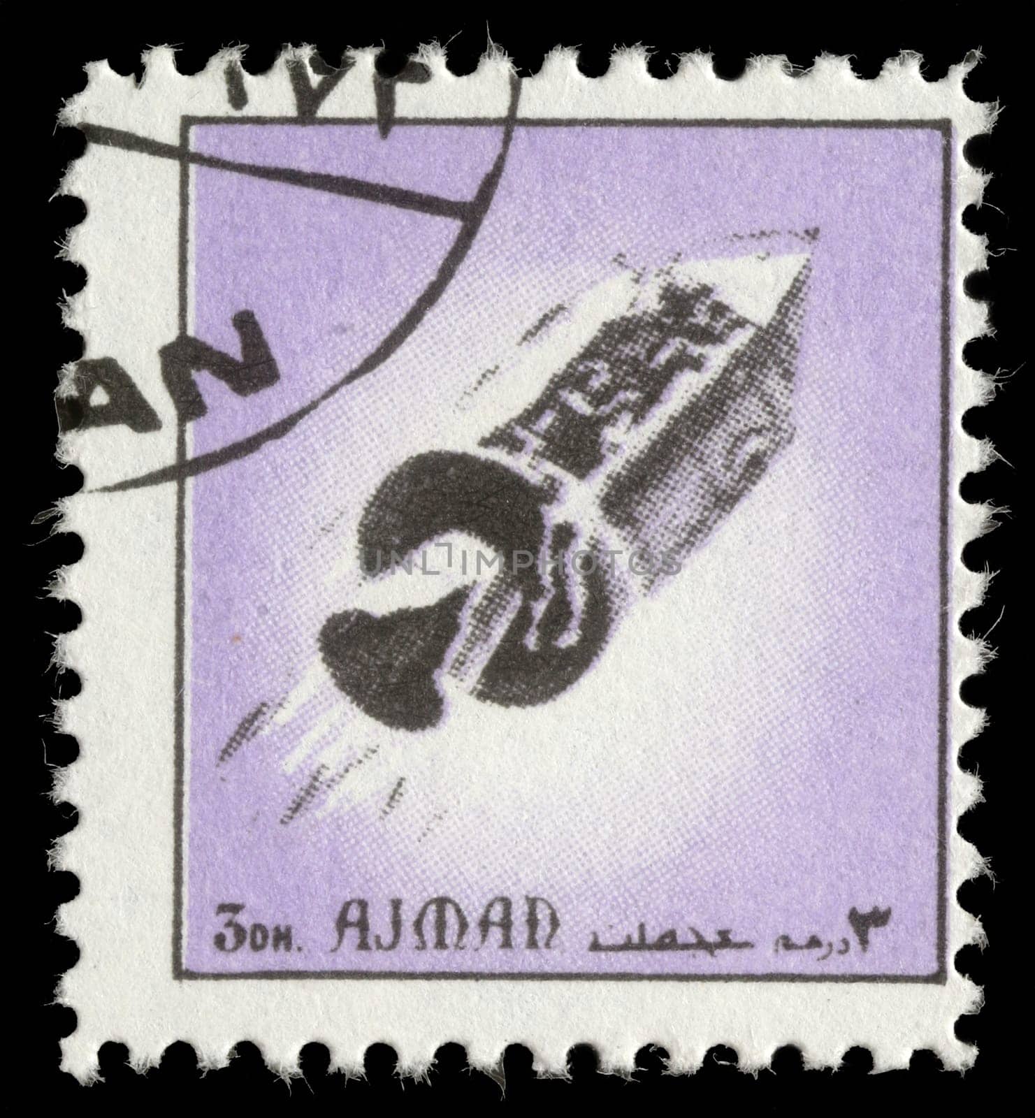 AJMAN - CIRCA 1972: A stamp printed in emirate Ajman show spaceship, circa 1972