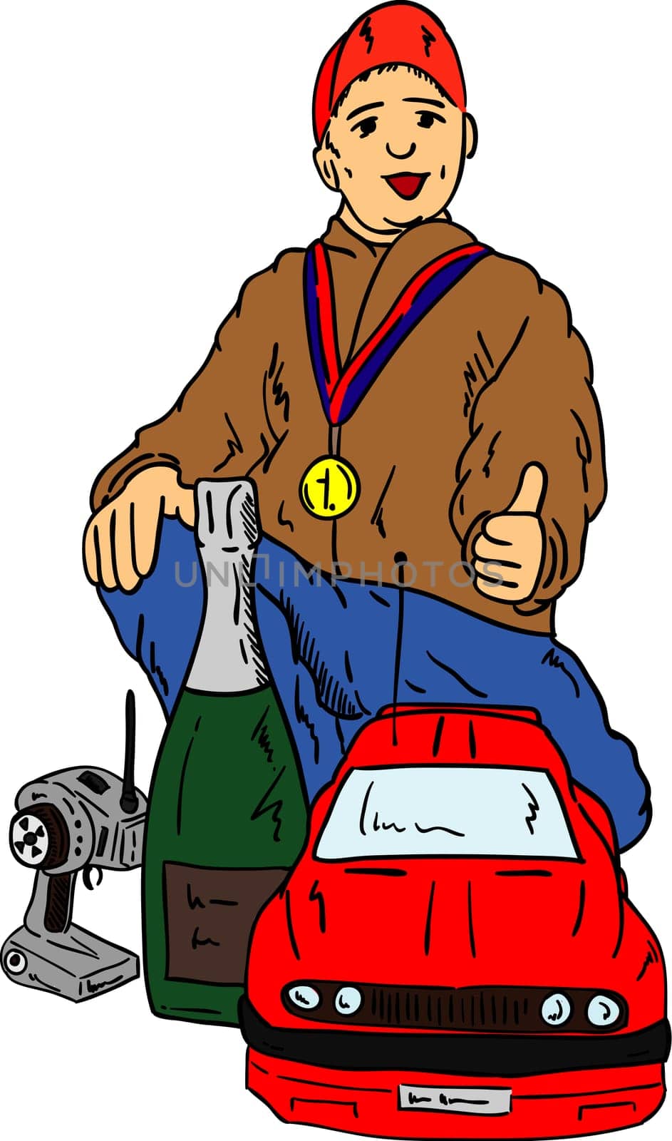vector - happy little winner with RC Car, isolated on background