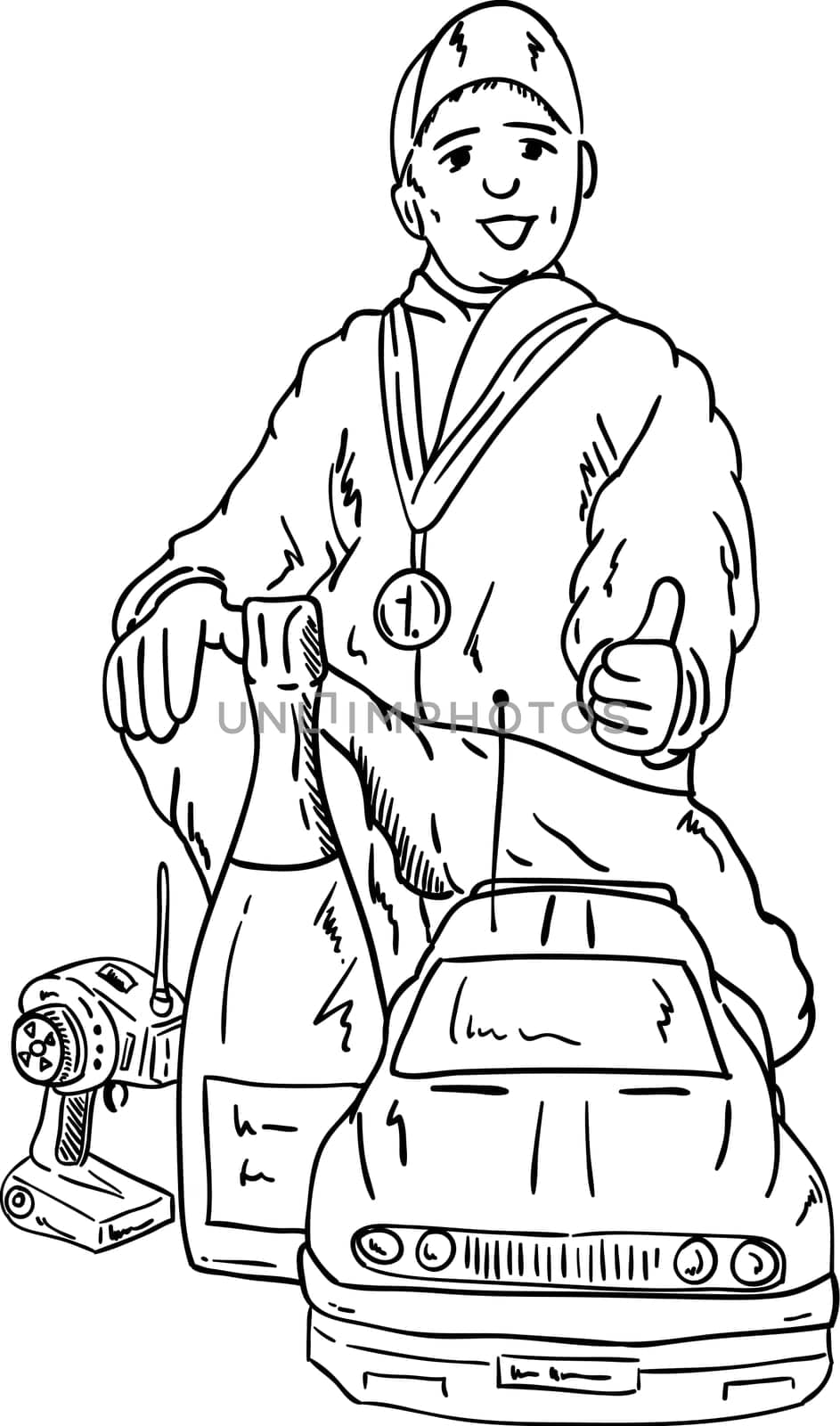vector - happy little winner with RC Car, isolated on background