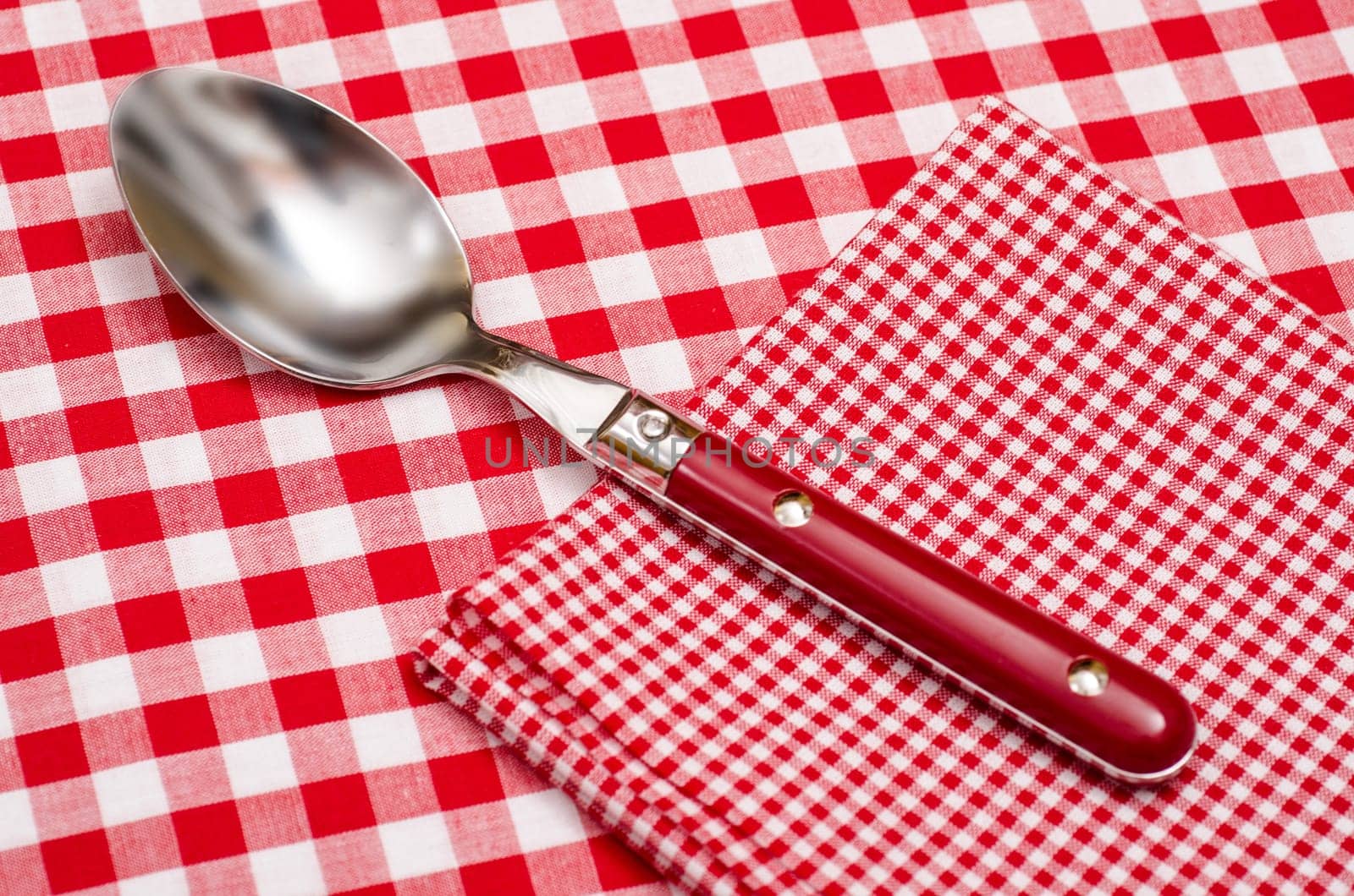 Spoon and napkin with checks in red and white on a tablecloth
