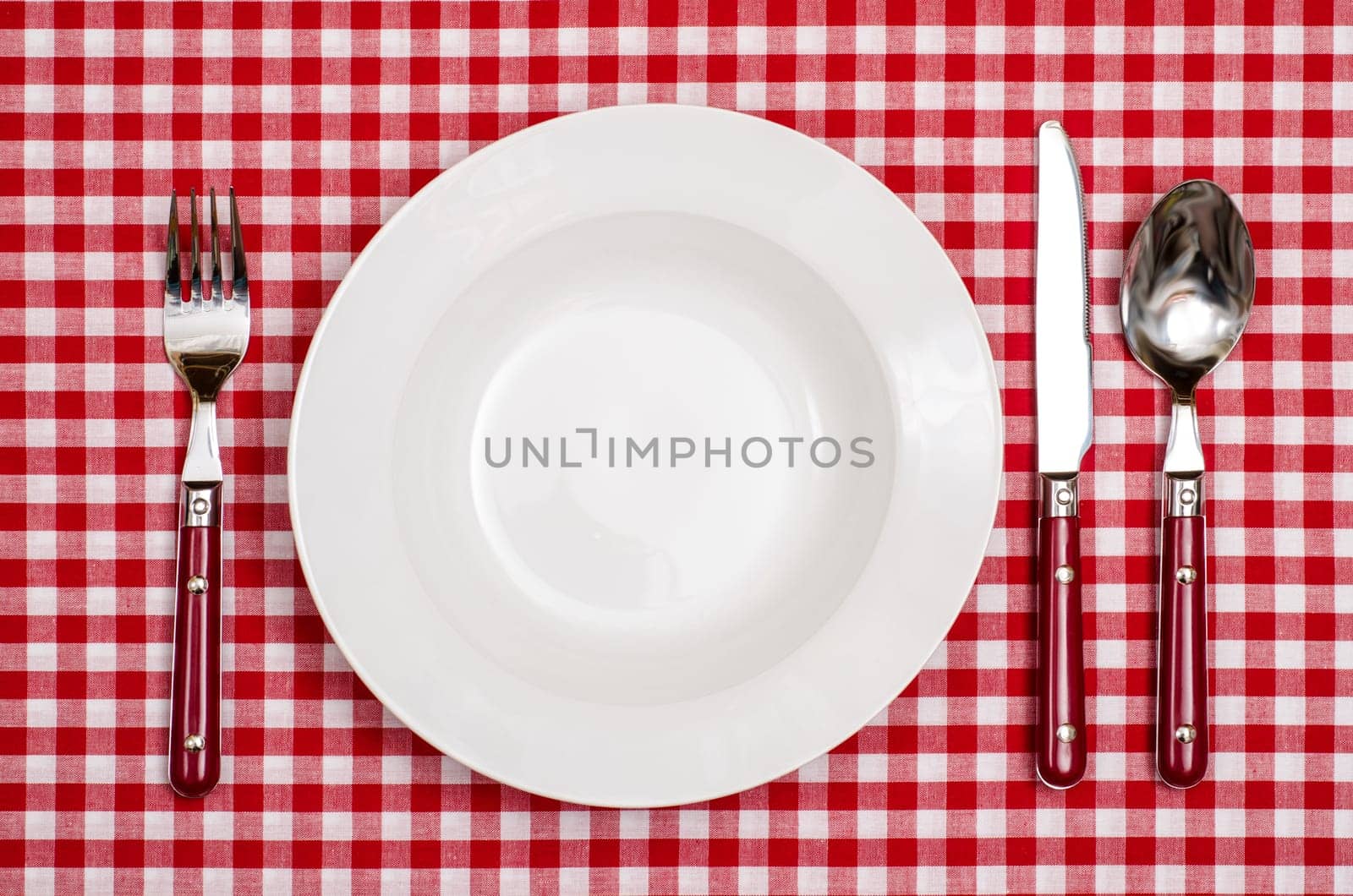 Rural table with checkered tablecloth,plate,fork,knife and spoon