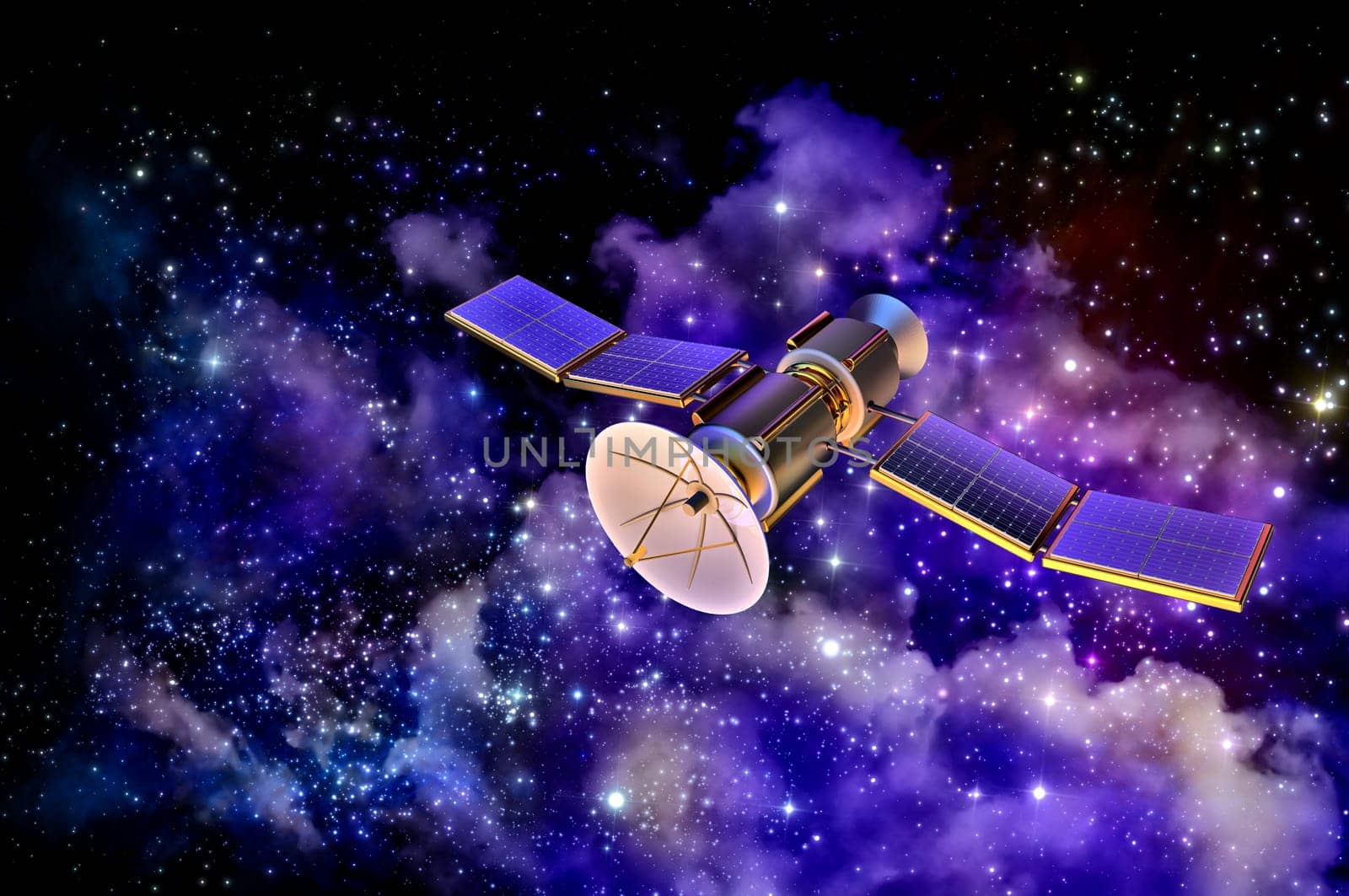 3D model of an artificial satellite of the Earth, equipped solar panels and parabolic satellite communications antenna