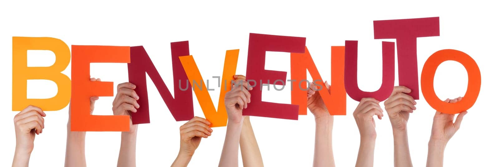 Many Hands Holding the Colorful Italian Word Benvenuto Which Means Welcome, Isolated