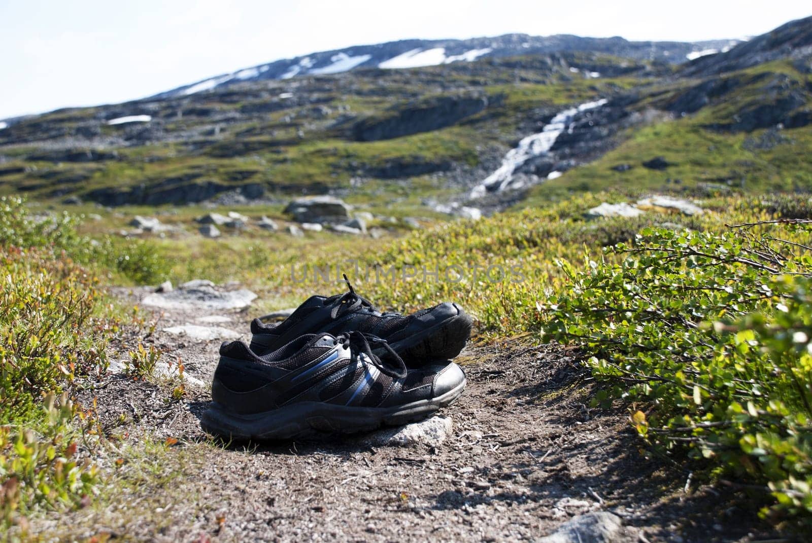 A Pair of Sneakers in a Mountanious Landscape Symbolizing Freedom and Recreation