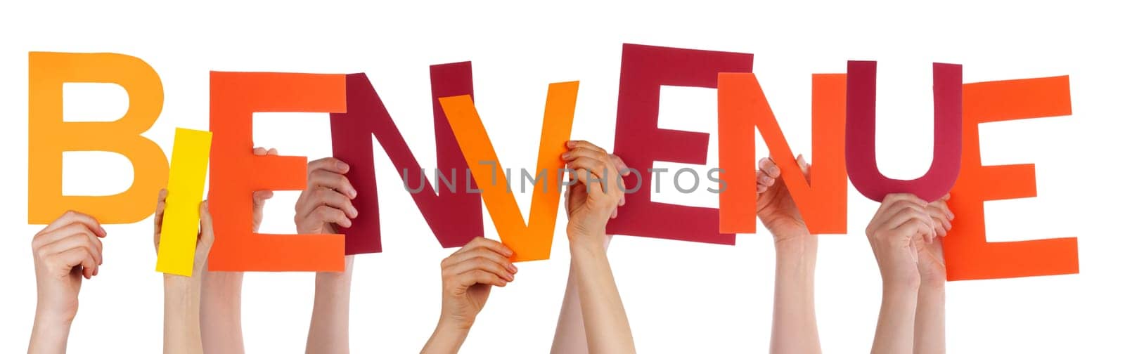 Many Persons Holding the Colorful French Word Bienvenue Which Means Welcome, Isolated