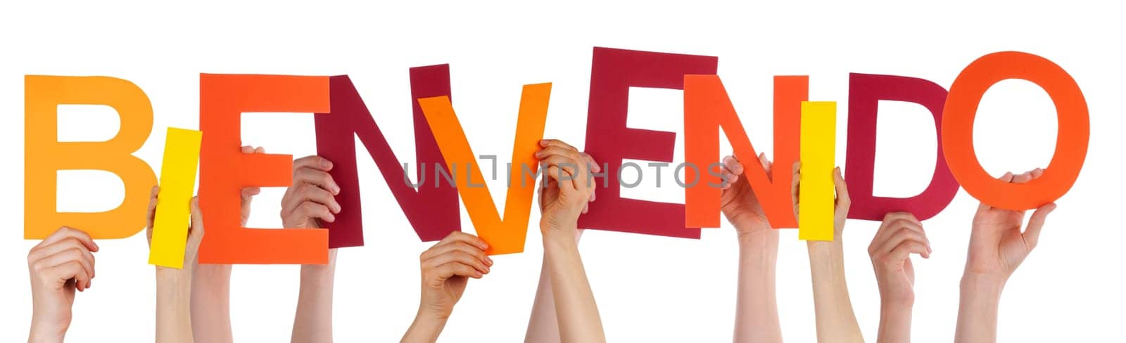 Many Hands Holding the Colorful Spanish Word Bienvenido, Which Means Welcome, Isolated