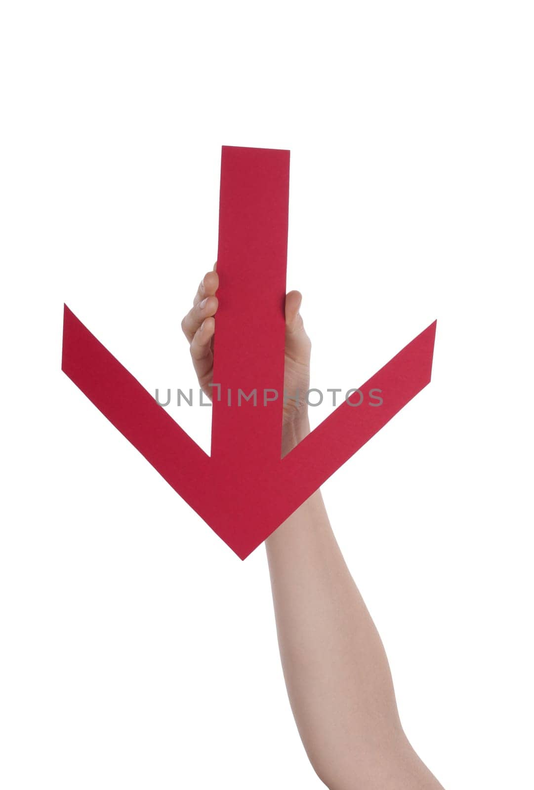 A Hand Holds a Red Downstreaming Arrow, Isolated