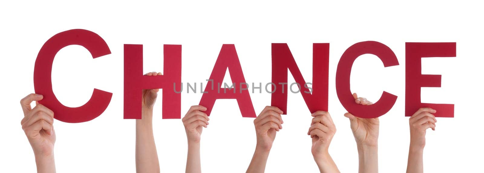 Many Hands Holding the Red Word Chance, Isolated