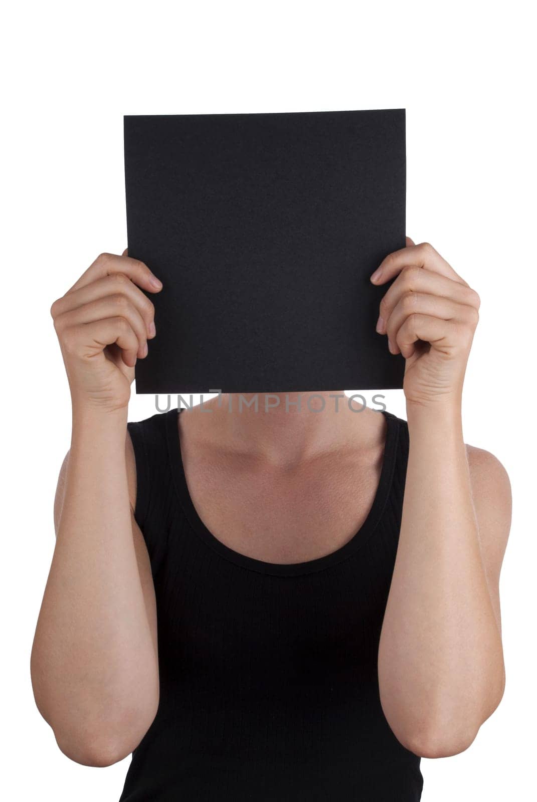 A Person Holds a Black Square in front of its Face, Isolated