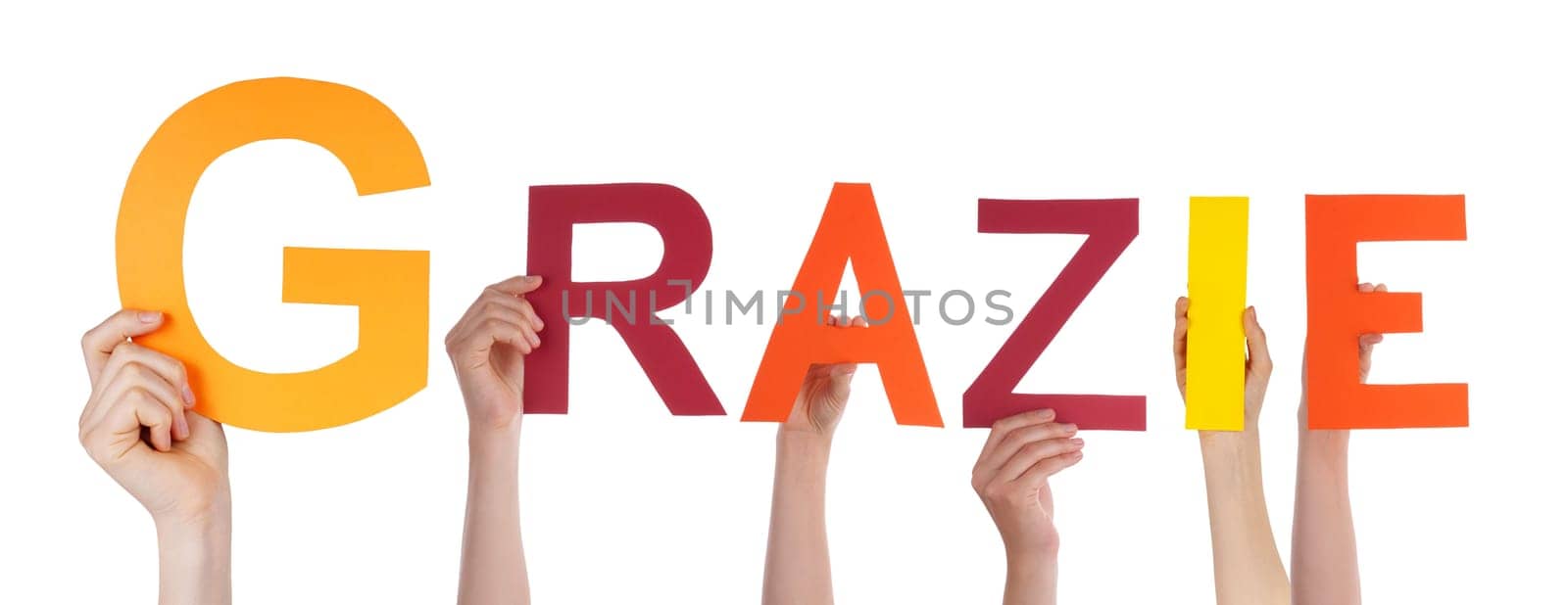 Many Persons Holding the Italian Word Grazie Which Means Thanks, Isolated