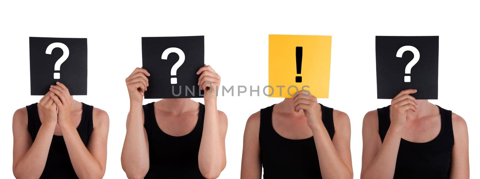 Four People With Squares in front of Their Faces Building a Team