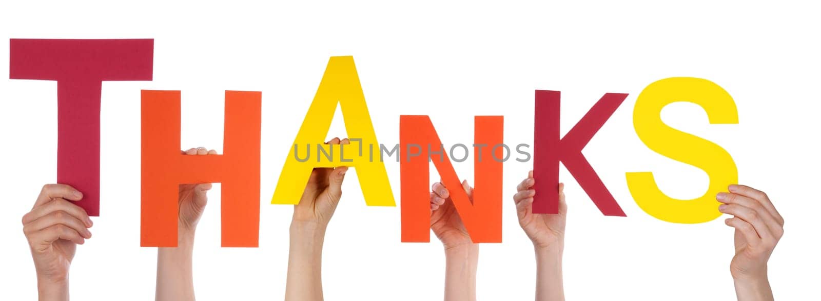 Many Hands Holding Colorful Word Thanks, Isolated