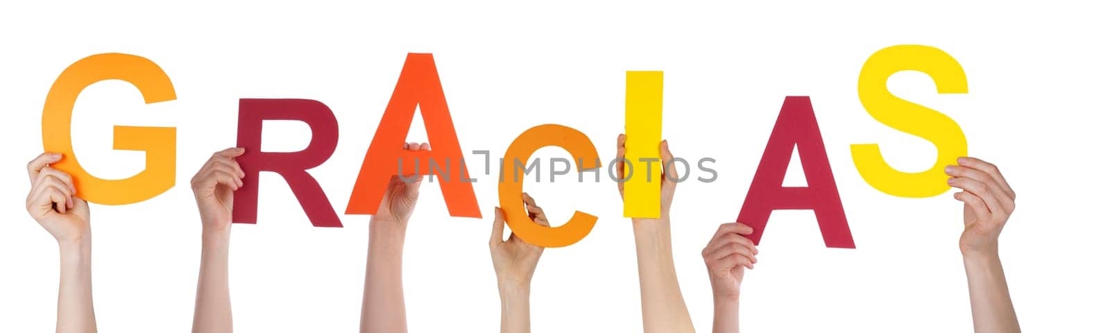Many Hands Holding the Colorful Spanish Word Gracias Which Means Thanks, Isolated