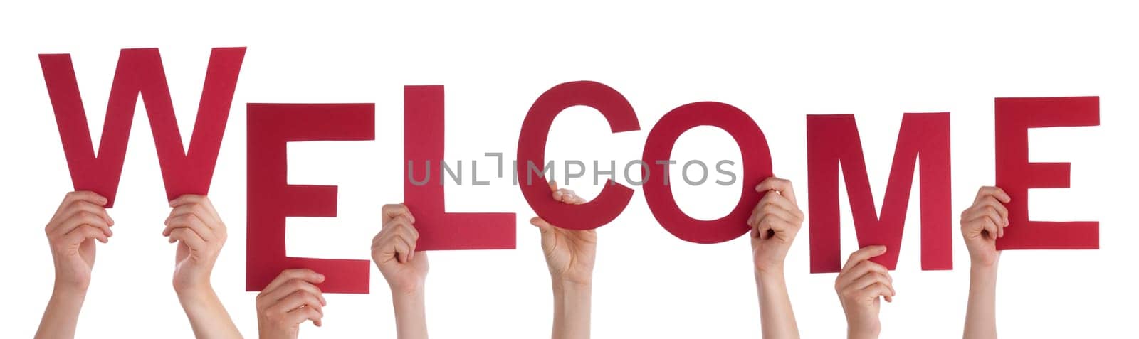 Many Persons Holding the Letters Welcome in Their Hands, Isolated