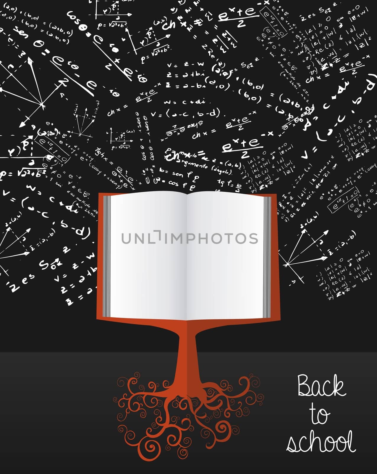 Back to School education knowledge book tree over science chalkboard. Vector layered for easy editing.